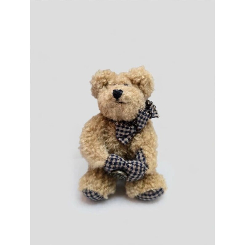 Small Vintage Tan Plush Teddy Bear Navy Gingham Bow Checkered Paw Pads Button